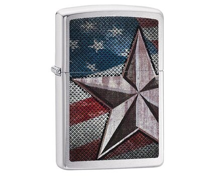 Купите зажигалку Zippo 28653 Retro Star and U.S. Flag Brushed Chrome (крупнозернистая шлифовка хрома, рисунок звезды на фоне американского флага) в интернет-магазине