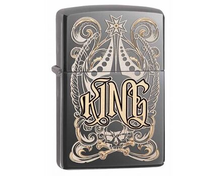 Купите зажигалку Zippo 28798 King Venetian Black Ice (тонированный цирконием зеркальный хром, гравировка рисунка и надписи Король) в интернет-магазине